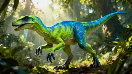 4K Ultra HD PC desktop wallpaper of a vibrant green-and-blue velociraptor prowling a sunlit, misty jungle.