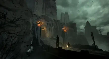 4K Ultra HD PC desktop wallpaper/background of Mistfall Hunter (video game): a lone hunter approaches a torch-lit, bat-haunted fortress beneath green storm clouds and swirling mist.