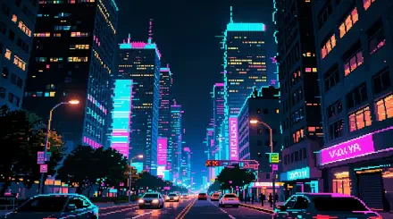 City night neon streetscape with glowing skyscrapers, traffic and lit storefronts in a cyberpunk palette — 4K Ultra HD PC desktop wallpaper and background.
