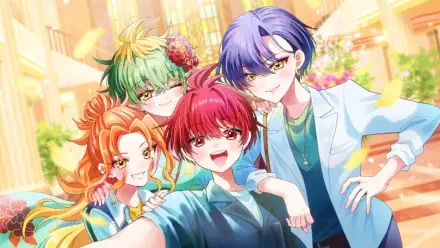Anime HD PC desktop wallpaper for Dealing with Mikadono Sisters Is a Breeze: four colorful siblings smiling and posing on a sunlit, flower-lined street.