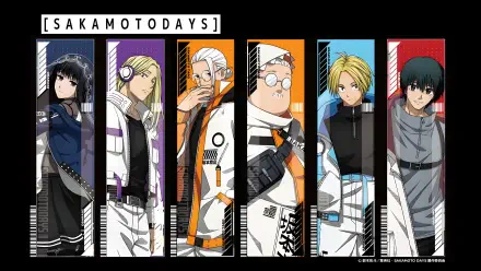 Sakamoto Days 4K Ultra HD PC desktop wallpaper showing six anime characters in vertical colored panels, each striking a pose in modern outfits against a black, tech-styled background.