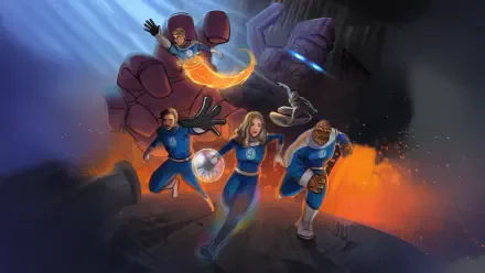 The Fantastic Four: First Steps — 4K Ultra HD PC desktop wallpaper showing four heroes in blue suits: Human Torch blazing, Thing charging, Mr. Fantastic stretching, Invisible Woman forming a force field.