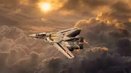 Robotech/Macross variable fighter jet (Valkyrie) soaring above golden clouds at sunset, 8K Ultra HD PC desktop wallpaper.