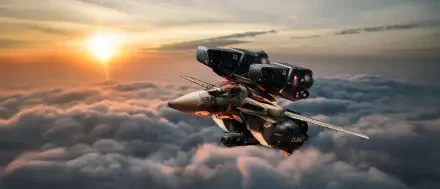 Robotech/Macross fighter soars above sunlit clouds at sunset, cinematic 4K Ultra HD PC desktop wallpaper background.