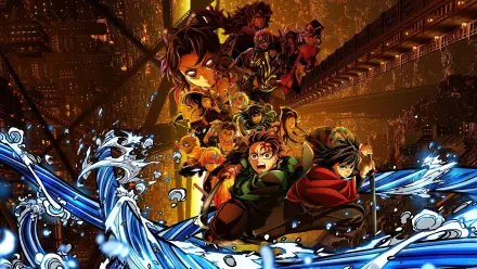 4K Ultra HD PC desktop wallpaper of Demon Slayer: Kimetsu No Yaiba - The Movie: Infinity Castle, featuring Tanjiro, Nezuko and companions bursting through swirling water and flames.
