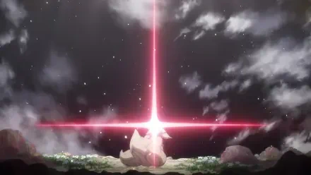 8K Ultra HD PC desktop wallpaper of Faputa (Made in Abyss) kneeling on a grassy cliff as a vivid pink, cross-shaped beam of light blooms into the starry night.