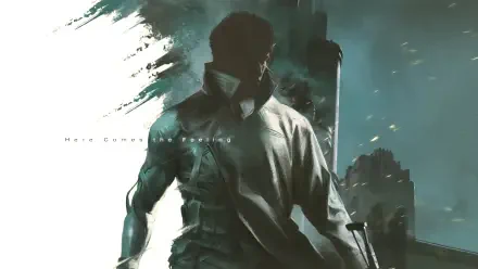 HD PC desktop wallpaper/background: Physint video game image of a masked trench-coat figure amid teal brushstrokes and a ruined city skyline.