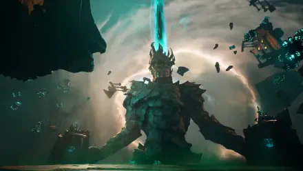 Painkiller video game HD PC desktop wallpaper: towering godlike armored figure with a glowing blue crown rising from shattered ruins beneath a portal-lit sky.