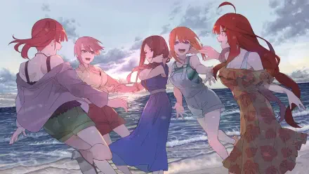 HD PC desktop wallpaper/background of The Quintessential Quintuplets: the five Nakano sisters laughing and holding hands on a sunlit beach at sunset.