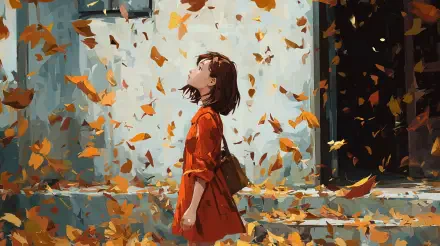 4K Ultra HD PC desktop wallpaper: woman in a red coat amid swirling fall leaves, gazing upward as orange leaves drift past a building facade.