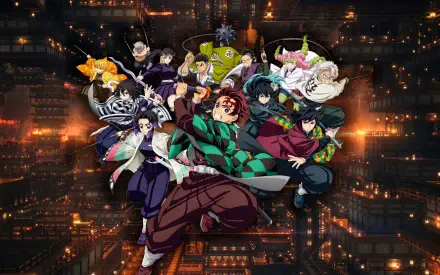 4K Ultra HD PC wallpaper of Anime Demon Slayer: Kimetsu no Yaiba — The Movie: Infinity Castle: Tanjiro and fellow Demon Slayers in a dynamic group pose over a glowing cityscape.