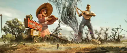 Epic 2K Quad HD PC desktop wallpaper for the video game South of Midnight: lone traveler faces towering musicians and a swirling black vortex across a desolate plain.