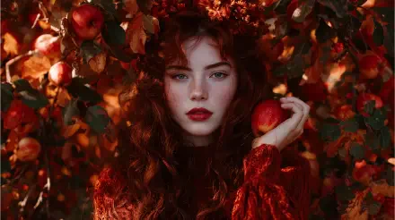 4K Ultra HD PC desktop wallpaper & background — autumn aesthetic: red-haired woman among apple-laden branches, warm orange leaves, crimson sweater, holding an apple.
