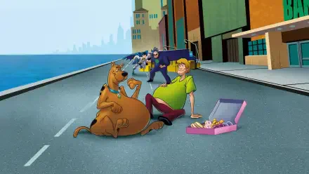 Scooby-Doo and Shaggy collapse on a city street while Batman and Robin approach, cartoon art from Scooby-Doo & Batman: The Brave and the Bold — 2K Quad HD PC wallpaper