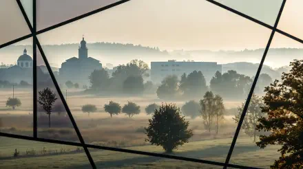 Foggy morning over misty fields and a village silhouette, seen through geometric window lines — 4K Ultra HD PC desktop wallpaper and background.