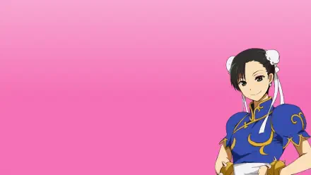 HD PC desktop wallpaper showing Street Fighter's Chun-Li in her blue qipao with white hair buns at right against a soft pink gradient background.