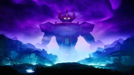 Video game Fortnite–inspired Power Rangers Megazord towers over a purple-lit valley, glowing eyes and misty foreground in an HD PC desktop wallpaper background.