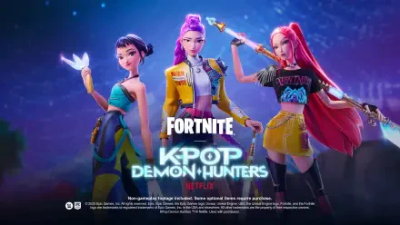 4K Ultra HD Fortnite KPop Demon Hunters wallpaper showing Rumi, Mira, and Zoey in vibrant KPop outfits, posing with weapons against a neon stage backdrop.
