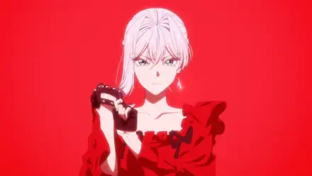 HD anime desktop wallpaper of Scarlett El Vandimion from May I Ask for One Final Thing?; she stands in a red dress against a red background, holding a black glove with a resolute expression.