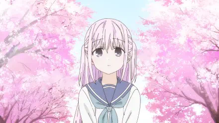 Anime HD PC desktop wallpaper showing inexpressive Kashiwada beneath pink cherry blossoms, evoking the Inexpressive Kashiwada and Expressive Oota duo.