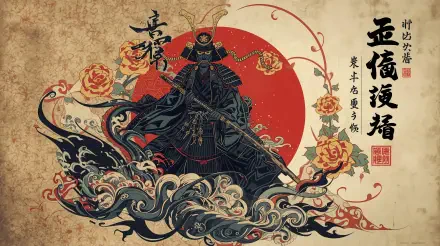 2K Quad HD PC desktop wallpaper and background: ornate samurai in dark armor before a crimson sun, surrounded by stylized waves, roses and Japanese calligraphy on a textured parchment backdrop.