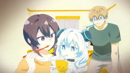 HD anime desktop wallpaper from Alma-chan Wants to Be a Family! featuring Alma (headphones, holding a plush), Enji Kamisato offering food, and Suzume Yobane standing in the background.