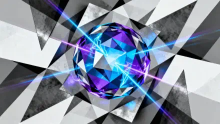 Faceted blue-purple energy orb emitting lightning beams over black-and-white geometric shards — 4K Ultra HD PC desktop wallpaper/background.