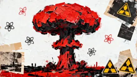 4K Ultra HD PC desktop wallpaper: stylized red mushroom cloud nuclear explosion collage with radiation hazard symbols and torn paper textures on white background.
