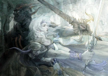 A fantasy artistic HD wallpaper depicting a determined character with flowing hair wielding a glowing sword, set against a mystical background.