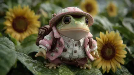 Cute AI art toy frog in a pink jacket and hat on a dewy leaf amid sunflowers — 2K Quad HD PC desktop wallpaper and background.