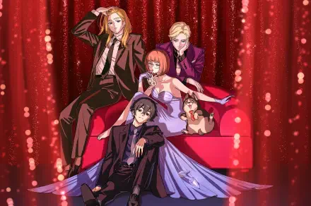 Anime Let's Play cast lounging on a red-curtained stage: three stylish adults and one in a gown on a sofa with a small dog, HD PC desktop wallpaper/background.