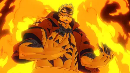 Anime HD PC desktop wallpaper of Sanda Kazushige amid roaring flames, hands raised, muscular chest glowing with intense fiery energy.