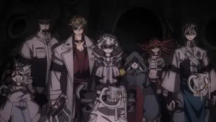 HD PC desktop wallpaper: anime Gachiakuta scene — seven stylized characters in dark coats and masks stand in a moody, shadowed setting with large circular voids behind them.
