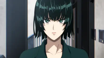 HD PC desktop wallpaper/background featuring Anime One-Punch Man character Fubuki — close-up portrait with short dark green hair and piercing green eyes in a hallway.