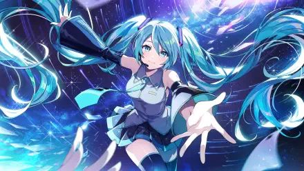 Hatsune Miku in The Eminence in Shadow–style game art: dynamic anime girl with teal twin-tails reaching forward amid glowing blue cosmic effects, HD PC desktop wallpaper background.