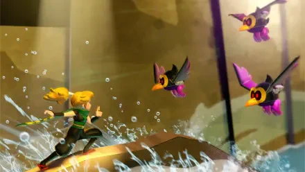 HD PC desktop wallpaper/background — Princess Peach Showtime!: Peach splashes through turbulent water as colorful bat-like creatures swirl around her against a dramatic golden backdrop.