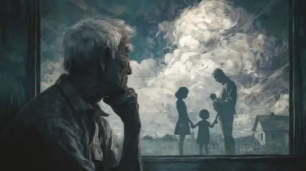 4K Ultra HD PC desktop wallpaper: contemplative old man in foreground gazing out at a silhouetted man and two children beneath dramatic, swirling clouds.