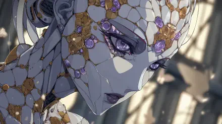 Sci‑Fi robot portrait with jeweled mechanical skin and glowing violet eyes, highly detailed close-up — 4K Ultra HD PC desktop wallpaper and background.