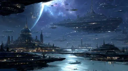 4K Ultra HD sci-fi city desktop wallpaper — sprawling futuristic metropolis with illuminated towers, hovering ships, and a distant ringed planet reflected on glassy waterways.