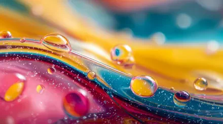 Abstract liquid close-up: glossy droplets on flowing iridescent waves in vivid pink, yellow and teal — 4K Ultra HD PC desktop wallpaper/background.