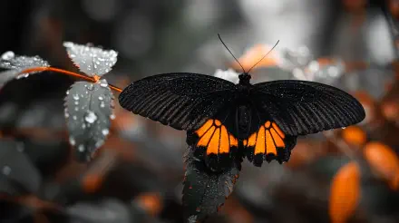 Black and orange butterfly perched on dew-speckled leaves, high-contrast nature scene — 4K Ultra HD PC desktop wallpaper and background.