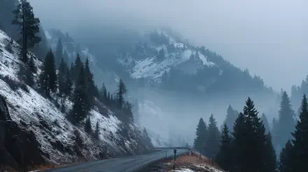 Fog-shrouded mountain pass with a winding road and snow-dusted firs, rendered as an atmospheric 4K Ultra HD PC desktop wallpaper/background.