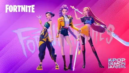 Fortnite Battle Royale 4K Ultra HD PC desktop wallpaper: three stylized female characters posing with glowing blades against a neon pink–purple gradient, K-Pop Demon Hunter logo at the corner.