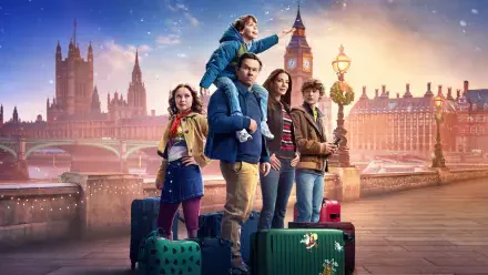 The Family Plan 2 — 5K Ultra HD PC Desktop Wallpaper and Background: five family members with suitcases on a bridge in London at sunset, Big Ben and the city skyline behind them.