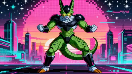 Cell (Dragon Ball) poised with clenched fists against a neon, pixelated sunset and retro-futuristic skyline — 4K Ultra HD PC desktop wallpaper/background.