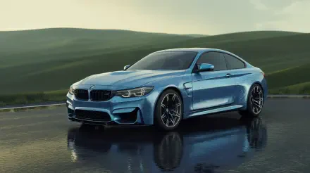 Blue BMW M4 on a glossy wet road at dusk with rolling hills reflected in the surface — 4K Ultra HD PC desktop wallpaper and background