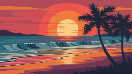 4K Ultra HD PC desktop wallpaper: stylized beach sunset with a large sun dipping behind distant hills, rolling turquoise waves, reflective wet sand and silhouetted palm trees.