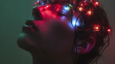 4K Ultra HD PC Desktop Wallpaper and Background — a wet face tilted up, colorful LEDs and wires mapped across the head, evoking a mind upload and cybernetic consciousness.