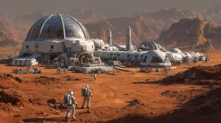 Sci-fi Mars colony 4K Ultra HD PC desktop wallpaper: domed habitat and modular stations on a red rocky plain as astronauts approach beneath rugged Martian ridges.