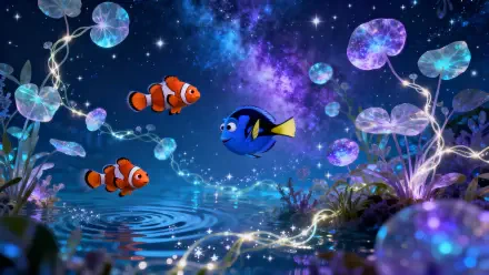 Finding Nemo 4K Ultra HD PC desktop wallpaper: Marlin and Nemo swim with Dory amid glowing jellyfish and a starry, nebula-like ocean backdrop and shimmering bubbles.